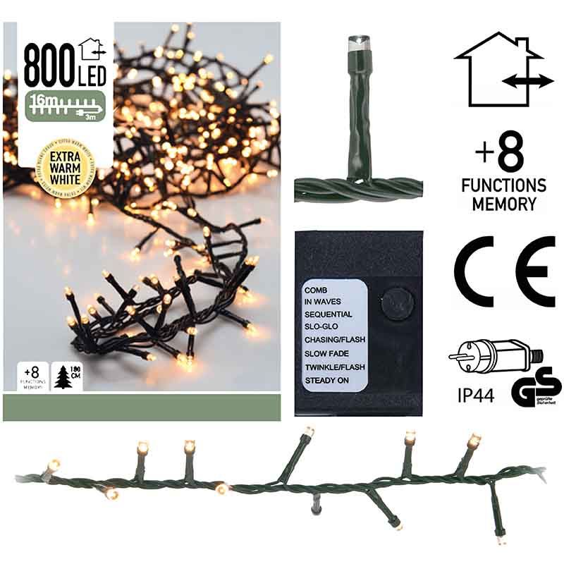 Micro Cluster 800 LED's -16 meter - extra warm wit - 8 functies + geheugen