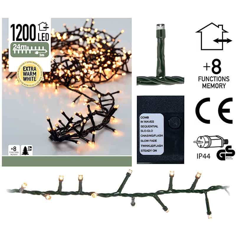Micro Cluster 1200 LED's - 24 meter - extra warm wit - 8 functies + geheugen